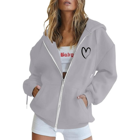 Women's Lined Zip Up Hoodie with Pocket & Drawstring, Winter Warm Pullover Casual Long Sleeve Sportswear, Plus Size Outdoor Hooded Sweatshirt Light Gray,XXL