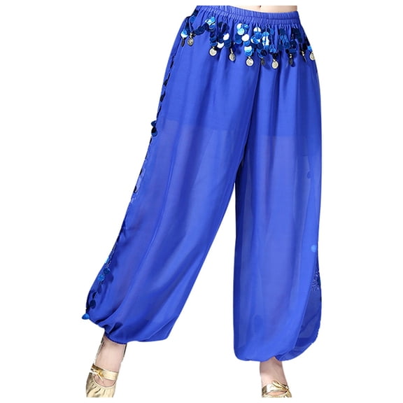 MIASHUI Women's Chic Belly Dance Pants Chiffon Split Leg Lounge Trousers with Sequins Comfortable Flowy Wide Leg Party Wear Performance Pants for Women Dark Blue,One Size