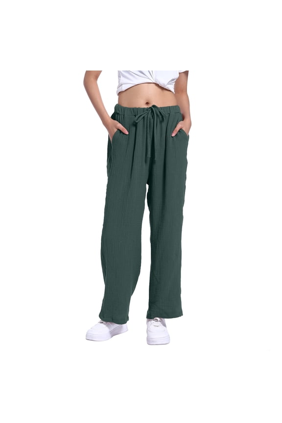Women's Crinkle Cotton Drawstring Pants Breathable Straight Leg Trousers Casual Comfort Draping Pant Dark Green,XXL