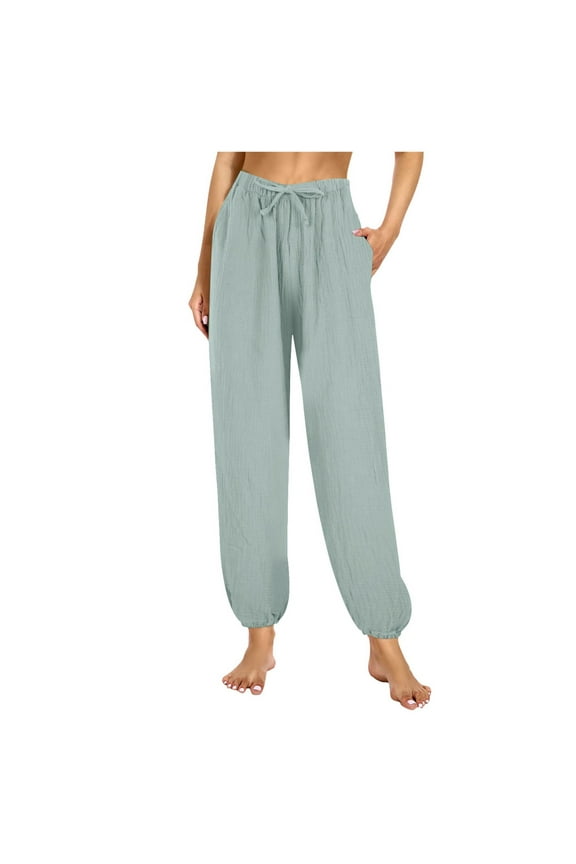 Women's Crinkle Texture Lounge Pants Elastic Waist Pocket Detail Sleepwear Home Wear Straight Leg Pant Green,M