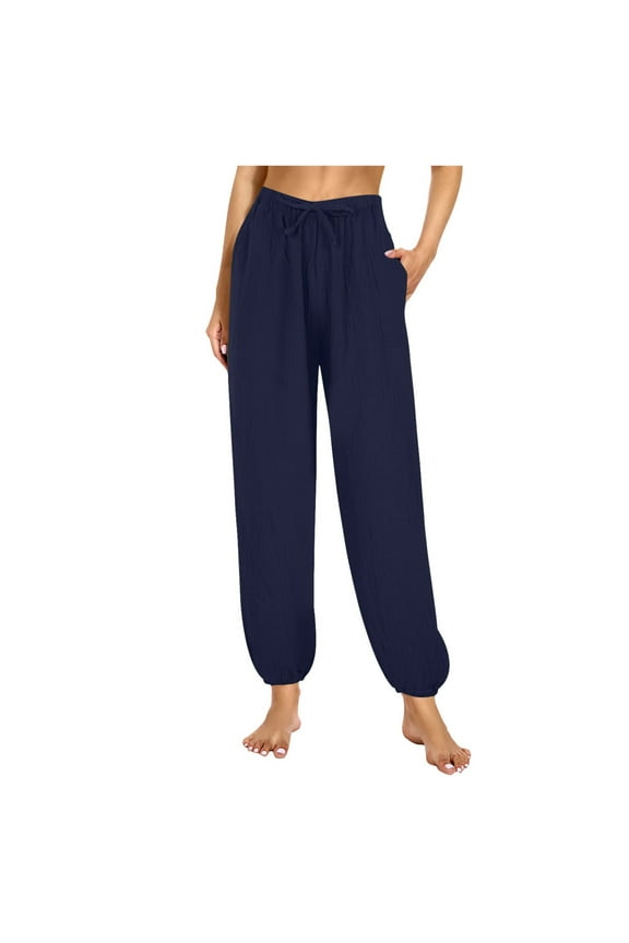 Women's Crinkle Texture Lounge Pants Elastic Waist Pocket Detail Sleepwear Home Wear Straight Leg Pant Navy,M