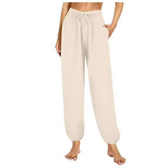 MIASHUI Women's Crinkle Texture Lounge Pants Elastic Waist Pocket Detail Sleepwear Home Wear Straight Leg Pant White,XL