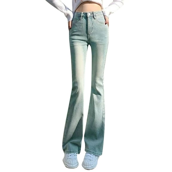 MIASHUI Women's Denim Pants Light Wash High Waist Slim Fit Petite Floor Length Horse Hoof Micro Flared Pants for Women Blue,S