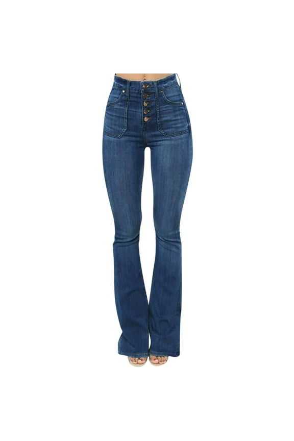 Women's Denim Pants Patch Pocket Washed Snap Button Long Trousers for Women A,S