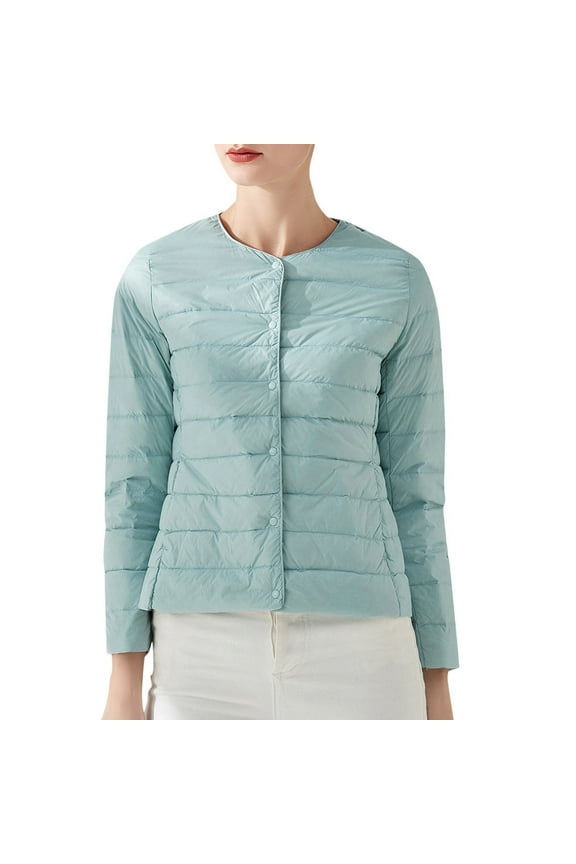 Women's Elegant Warm Solid Color Round Neck Lightweight White Down Liner, Hoodless Short Slim Fit Long Sleeve Jacket Light Blue,XL