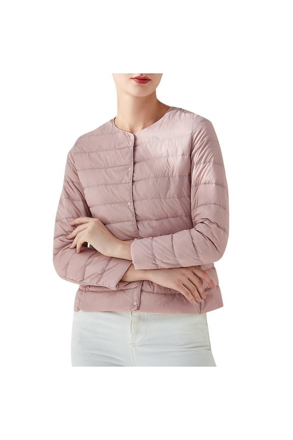 Women's Elegant Warm Solid Color Round Neck Lightweight White Down Liner, Hoodless Short Slim Fit Long Sleeve Jacket Pink,L