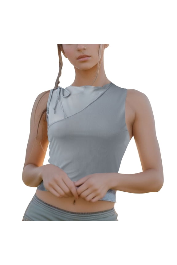 Women's Fashion Cropped Mesh Tank Top Sleeveless Ribbed Knit Summer Casual Wear Grey,M