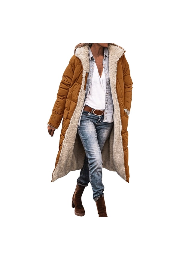 Women's Fashion Simple Patchwork Long Parka, Reversible Hooded Cotton Coat, Stylish Warm Winter Brown,L