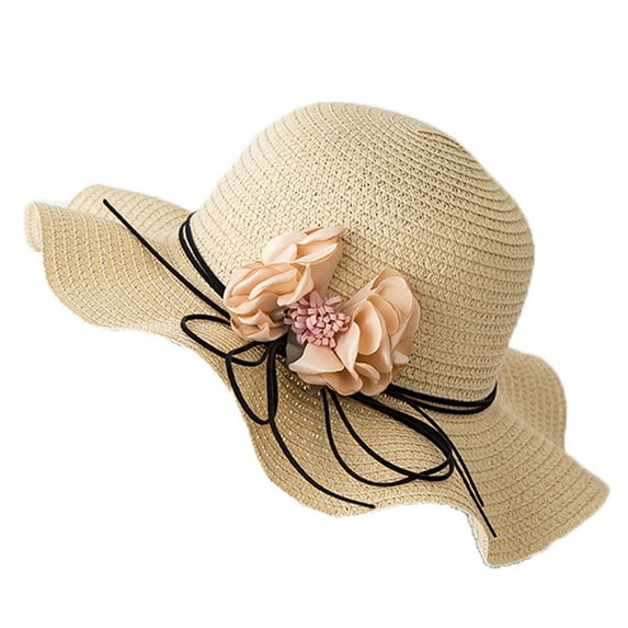 MIASHUI Women's Floral Straw Sun Hat for Beach and Outdoor Protection, Wide Brim with Bow Decoration, Packable and Lightweight for Travel and Vacation Beige