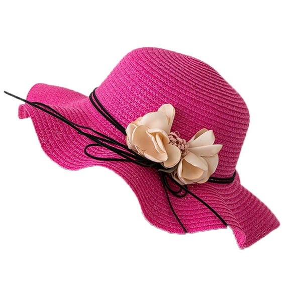 MIASHUI Women's Floral Straw Sun Hat for Beach and Outdoor Protection, Wide Brim with Bow Decoration, Packable and Lightweight for Travel and Vacation Hot Pink