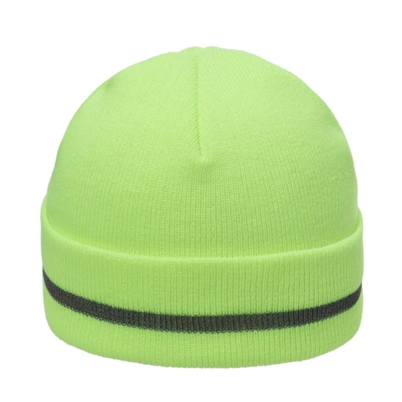MIASHUI Women's Fluorescent Reflective Stripe Knitted Beanie for Winter Warmth, Double Layer Design for Insulation, Stretch Fit for Sports and Outdoor Activities Green