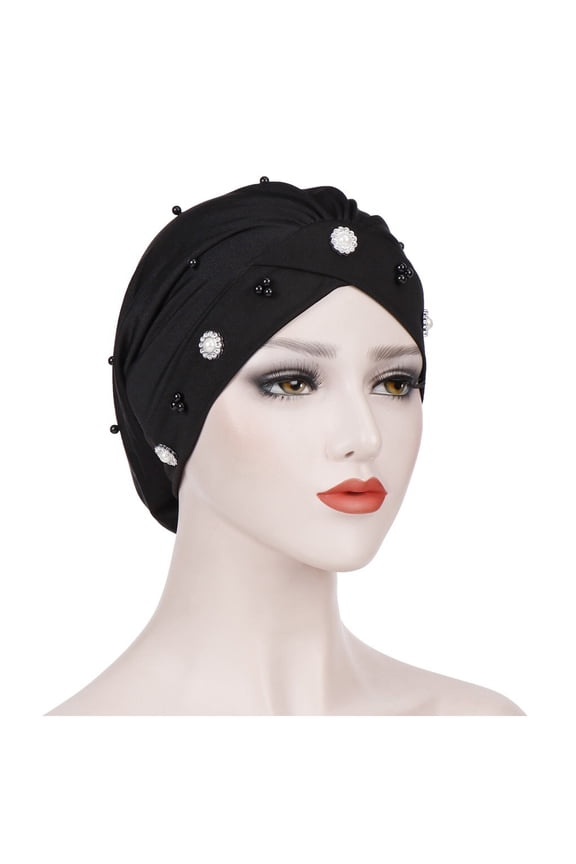 Women's Forehead Cross Daisy Beaded Head Wrap Cap for Evening and Modesty, Elastic Fit for Comfort, Bohemian Style for Special Occasions Black