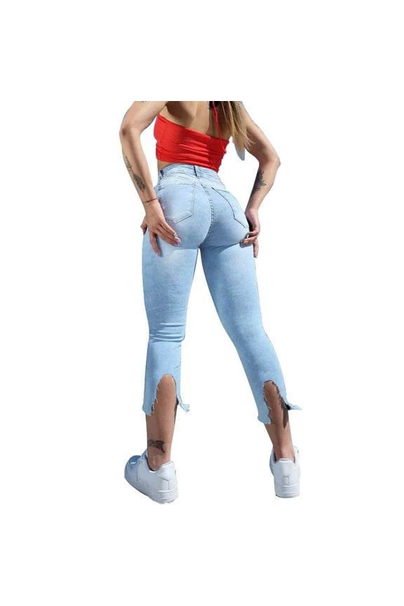 Women's High Waist Ripped Hem Stretch Loose Fit Denim Pants Comfortable Trousers for Women Sky Blue,M