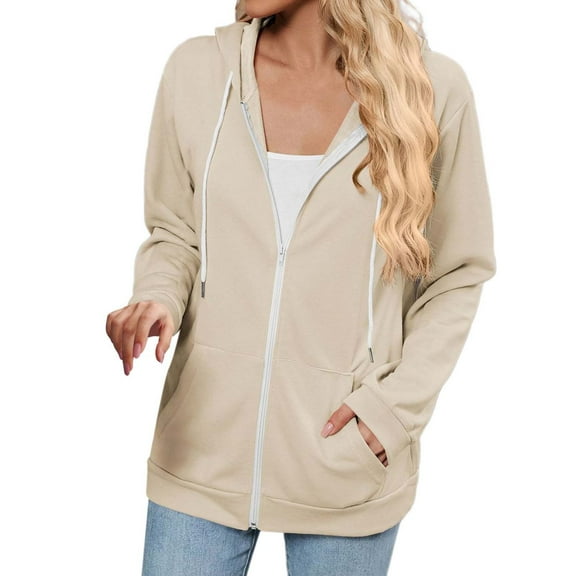 MIASHUI Women's Color Block Zip Up Hoodie, Fall Winter Long Sleeve Casual Pullover with Pocket, Fashion Hooded Sweatshirt Khaki,XL