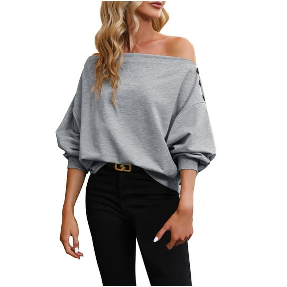 Women's Off Shoulder Pullover Sweatshirt, Spring Summer Short Sleeve Casual Top, Solid Color Loose Fit Hoodie with Pocket Grey,S