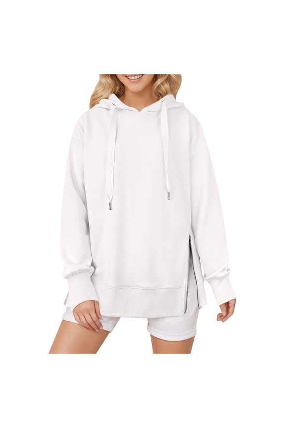 Women's Solid Color Side Zip Hoodie, Winter Long Sleeve Casual Pullover with Drawstring, Fashion Hooded Sweatshirt White,S