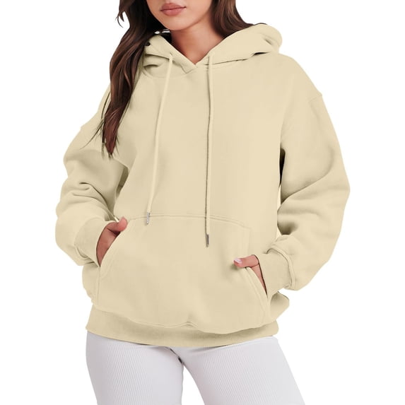 MIASHUI Women's Plus Size Pullover Hoodie with Drawstring & Pocket, Winter Long Sleeve Loose Fit Casual Sweatshirt, Solid Color Hooded Top Beige,M