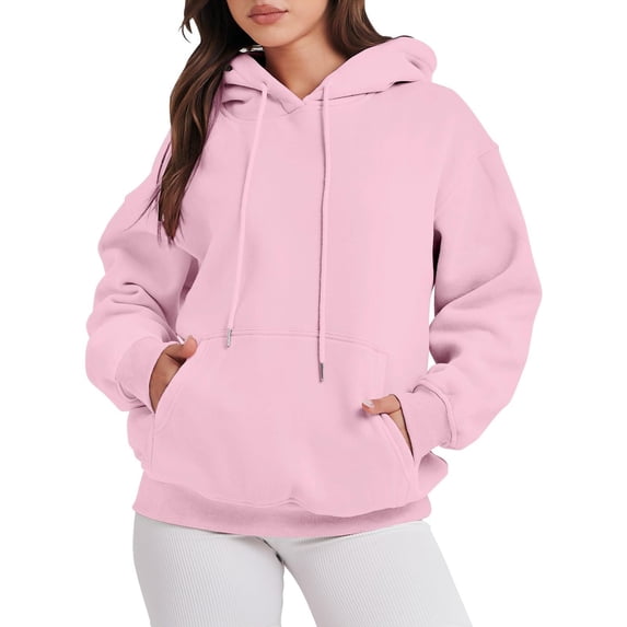 MIASHUI Women's Plus Size Pullover Hoodie with Drawstring & Pocket, Winter Long Sleeve Loose Fit Casual Sweatshirt, Solid Color Hooded Top Pink,XXL