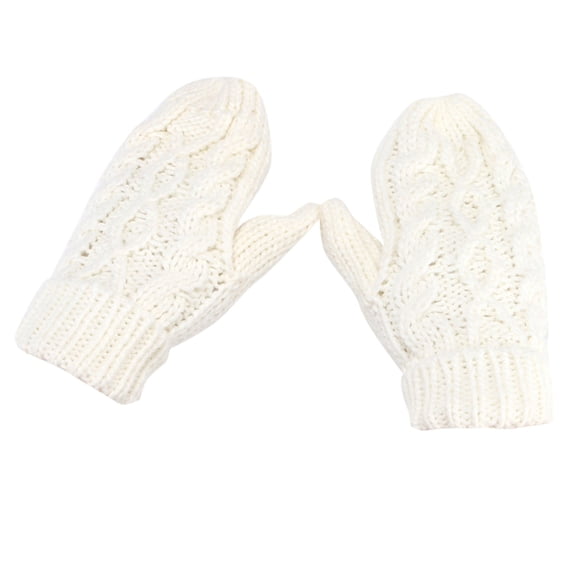 MIASHUI Women's Knit Mittens with Diamond Pattern, Plush Thermal Full Finger Gloves for Winter, Unisex Solid Color Warm Gloves White