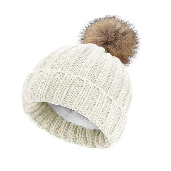MIASHUI Women's Knitted Beanie with Removable Pom Pom for Winter Warmth, Soft and Stretchy Design, Protects Hairstyle for Comfort and Style White