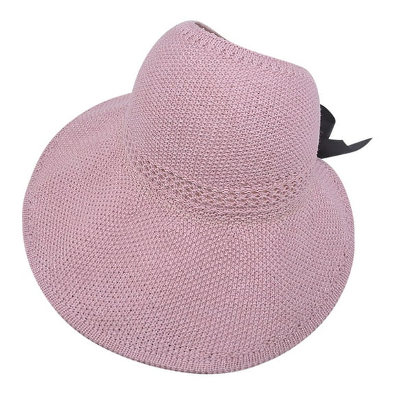MIASHUI Women's Knitted Empty Top Sun Hat with Bow and Wide Brim for Summer Protection, Straw Material for Breathability, Fashionable for Beach and Garden Use Pink
