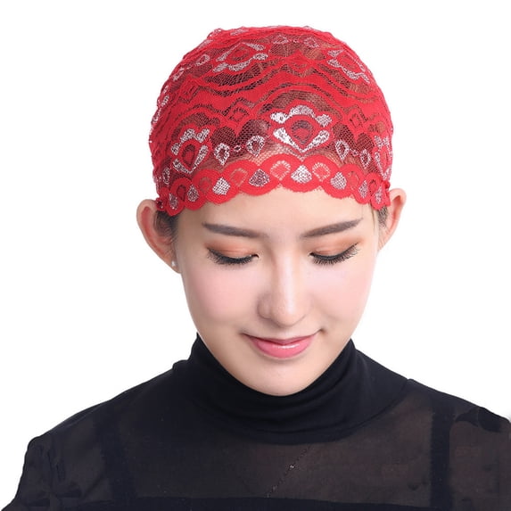 MIASHUI Women's Lace Glitter Liner Cap for Fashion and Comfort, Stretchy Design for Easy Wear, Suitable Under Hats or Alone for Style Red