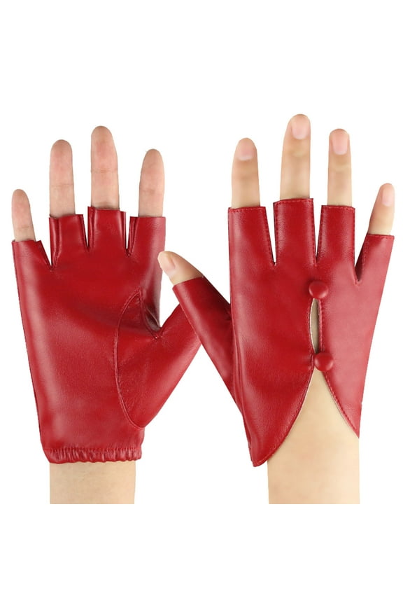 Women's Leather Half Finger Gloves, Fashion Short Fingerless Gloves for Autumn Winter Style and Warmth Red