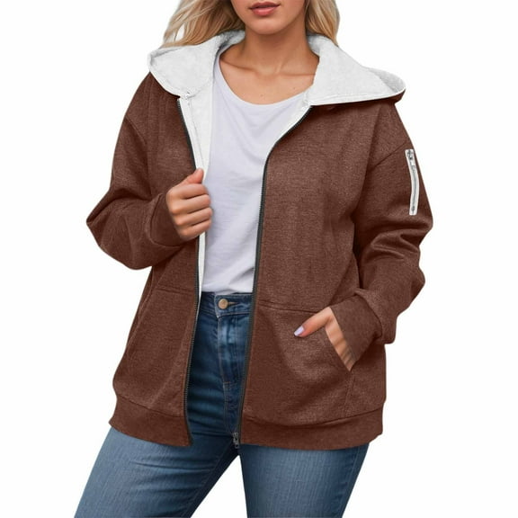 MIASHUI Women's Lined Zip Up Hoodie with Drawstring, Winter Warm Long Sleeve Casual Jacket, Plush Composite Hooded Top Coffee,L
