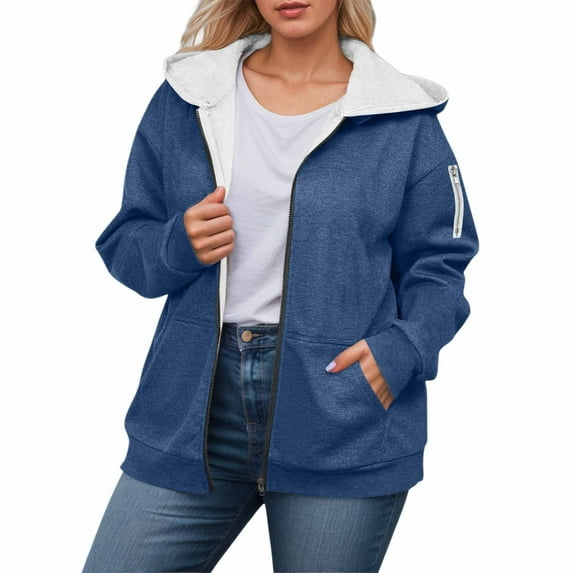 MIASHUI Women's Lined Zip Up Hoodie with Drawstring, Winter Warm Long Sleeve Casual Jacket, Plush Composite Hooded Top Dark Blue,XXXXXL