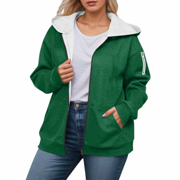 MIASHUI Women's Lined Zip Up Hoodie with Drawstring, Winter Warm Long Sleeve Casual Jacket, Plush Composite Hooded Top Green,XXXXL
