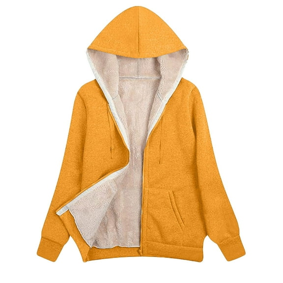 MIASHUI Women's Lined Zip Up Hoodie with Drawstring, Winter Warm Long Sleeve Casual Jacket, Plush Composite Hooded Top Yellow,M
