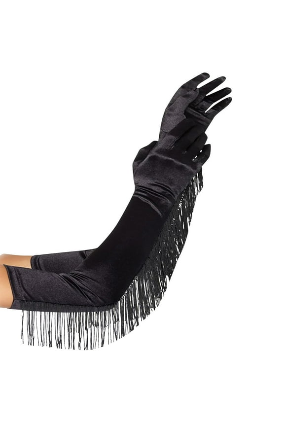 Women's Long Opera Gloves with Fringe Detail, Vintage Style Gloves for Weddings & Parties, Elegant Elbow Length Gloves for Events Black