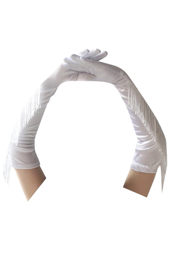 Women's Long Opera Gloves with Fringe Detail, Vintage Style Gloves for Weddings & Parties, Elegant Elbow Length Gloves for Events White