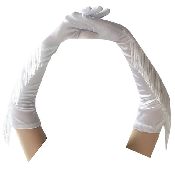 MIASHUI Women's Long Opera Gloves with Fringe Detail, Vintage Style Gloves for Weddings & Parties, Elegant Elbow Length Gloves for Events White