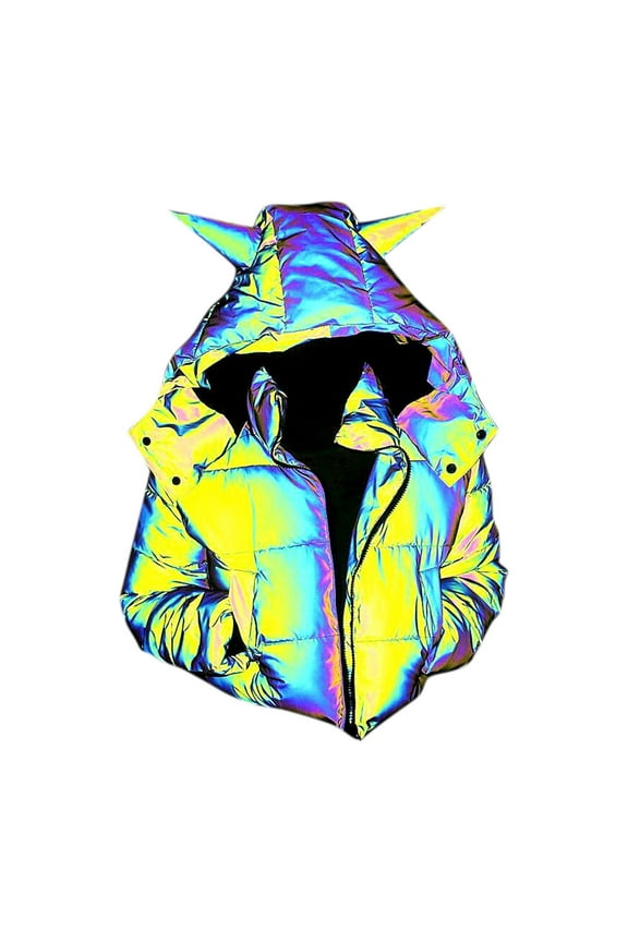Women's Long Sleeve Short Hooded Parka, Reflective Glow in Dark Cotton Coat, Fashion Unique Night Wear Black,S