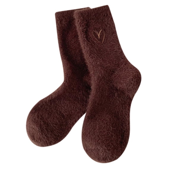 MIASHUI Women's Mid-Crew Socks with Heart Embroidery Cozy Stackable Socks for Women Winter Sleep Socks Coffee