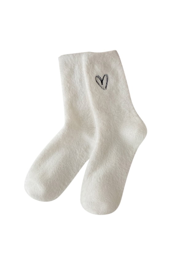 Women's Mid-Crew Socks with Heart Embroidery Cozy Stackable Socks for Women Winter Sleep Socks White