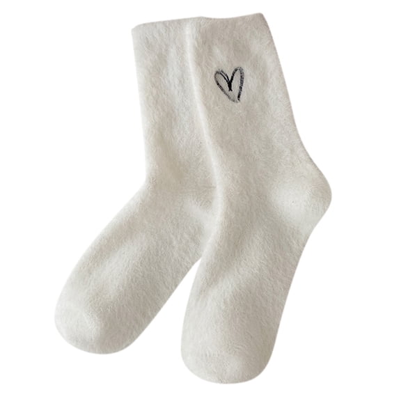 MIASHUI Women's Mid-Crew Socks with Heart Embroidery Cozy Stackable Socks for Women Winter Sleep Socks White