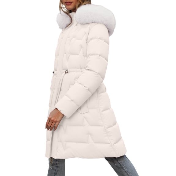 MIASHUI Women's Mid-Length Slim Fit Thick Parka with Hood, Drawstring Waist Down Cotton Coat, Warm Versatile White,XXL