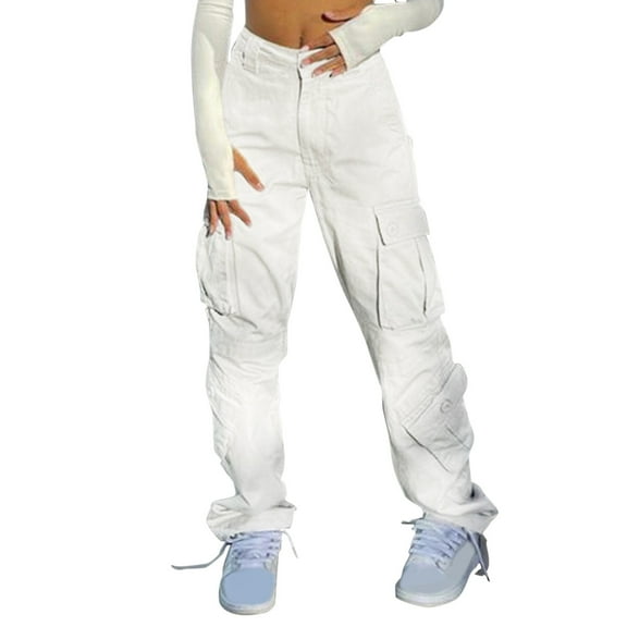 MIASHUI Women's Multi Pocket Casual Cargo Denim Pants Comfort Fit Jeans for Everyday Wear White,M