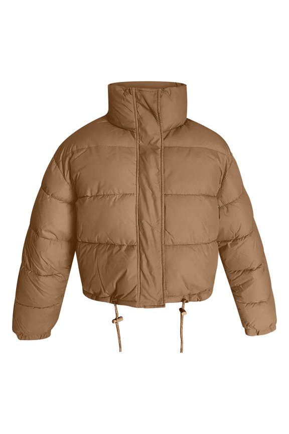 Women's New Solid Color Zip Pocket Parka, Fashion Stand Collar Elegant Commuter Coat, Casual Jacket Coffee,S