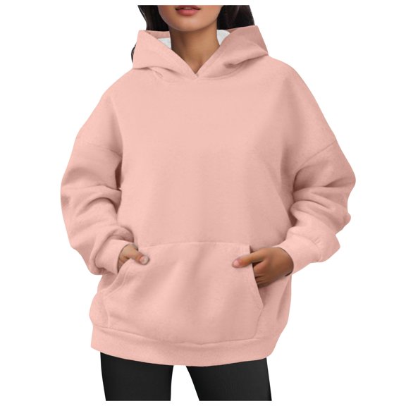 MIASHUI Women's Oversized Pullover Hoodie Velvet Soft Sweater Long Sleeve Casual Winter Fall Fashion Top with Pockets Pink,L