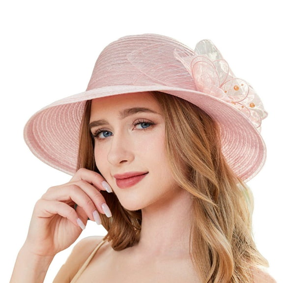 MIASHUI Women's Pink Organza Bucket Hat for Summer, UV Protection Wide Brim Sun Hat, Elegant Fashion Hat, Size M Pink