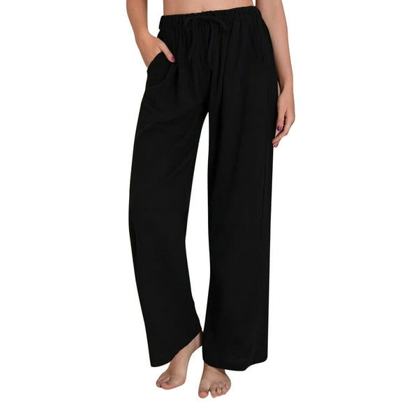 MIASHUI Women's Plus Size Solid Color Harem Pants Elastic Tie Waist Wide Leg Casual Lounge Trousers Comfort Travel Baggy Pull On Sweatpants for Women Black,M