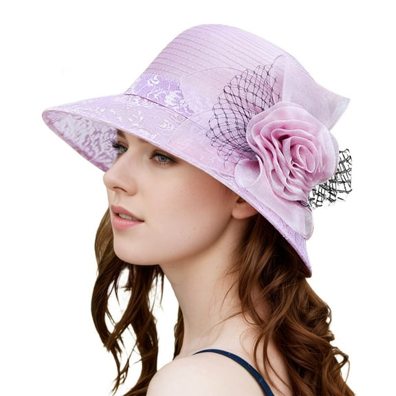 MIASHUI Women's Purple French Style Organza Sun Hat with Flower, Elegant Wide Brim Hat for Spring Summer, Size M Purple