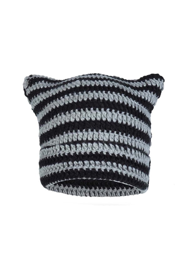 Women's Red Cat Ear Knit Hat with Stripes, Cute Demon Pointed Beanie for Fall Winter, Stretchable Slouchy Cap Black