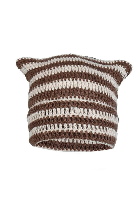 Women's Red Cat Ear Knit Hat with Stripes, Cute Demon Pointed Beanie for Fall Winter, Stretchable Slouchy Cap Brown