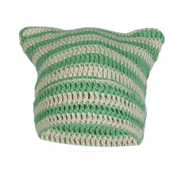 MIASHUI Women's Red Cat Ear Knit Hat with Stripes, Cute Demon Pointed Beanie for Fall Winter, Stretchable Slouchy Cap Green