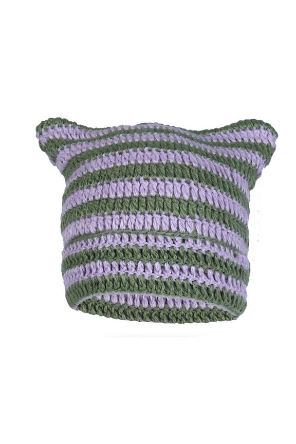 Women's Red Cat Ear Knit Hat with Stripes, Cute Demon Pointed Beanie for Fall Winter, Stretchable Slouchy Cap Purple