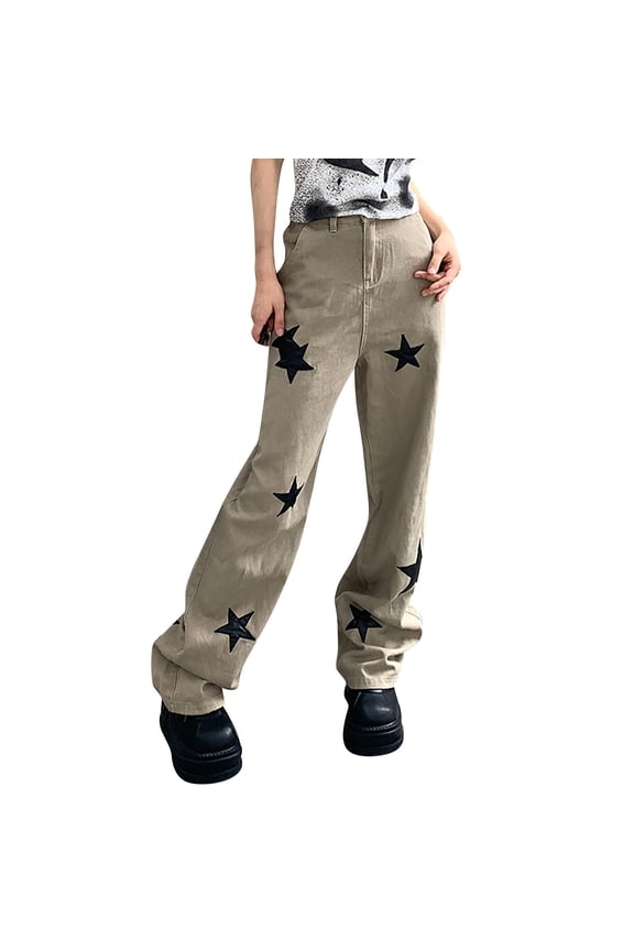 Women's Retro Street Star Patchwork Embroidered Casual Pants Trendy High Waist Denim Jeans for Women Khaki,L
